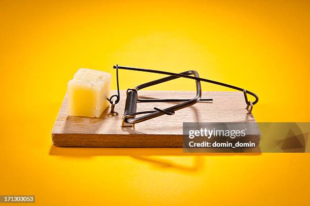 mousetrap with hard cheese isolated on yellow, side view - mousetrap stock pictures, royalty-free photos & images