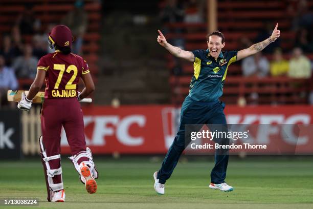 Megan Schutt of Australia celebrates claiming the wicket of Shabika Gajnabi of the West Indies during game two of the T20 International series...