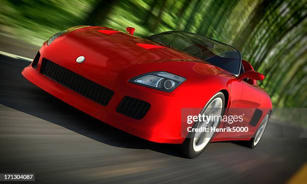 sports car driving fast in forest - electric motorsport stock pictures, royalty-free photos & images