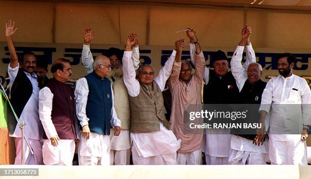 Indian Prime Minister and Bharariya Janata Party leader Atal Behari Vajpayee and other leaders of the ruling coalition parties of the National...