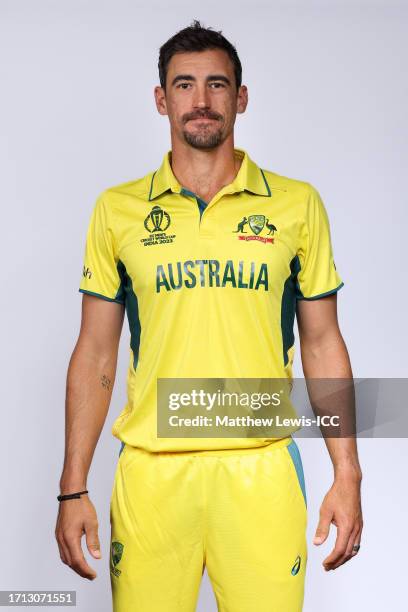 Mitchell Starc of Australia poses for a portrait ahead of the ICC Men's Cricket World Cup India 2023 on October 02, 2023 in Hyderabad, India.