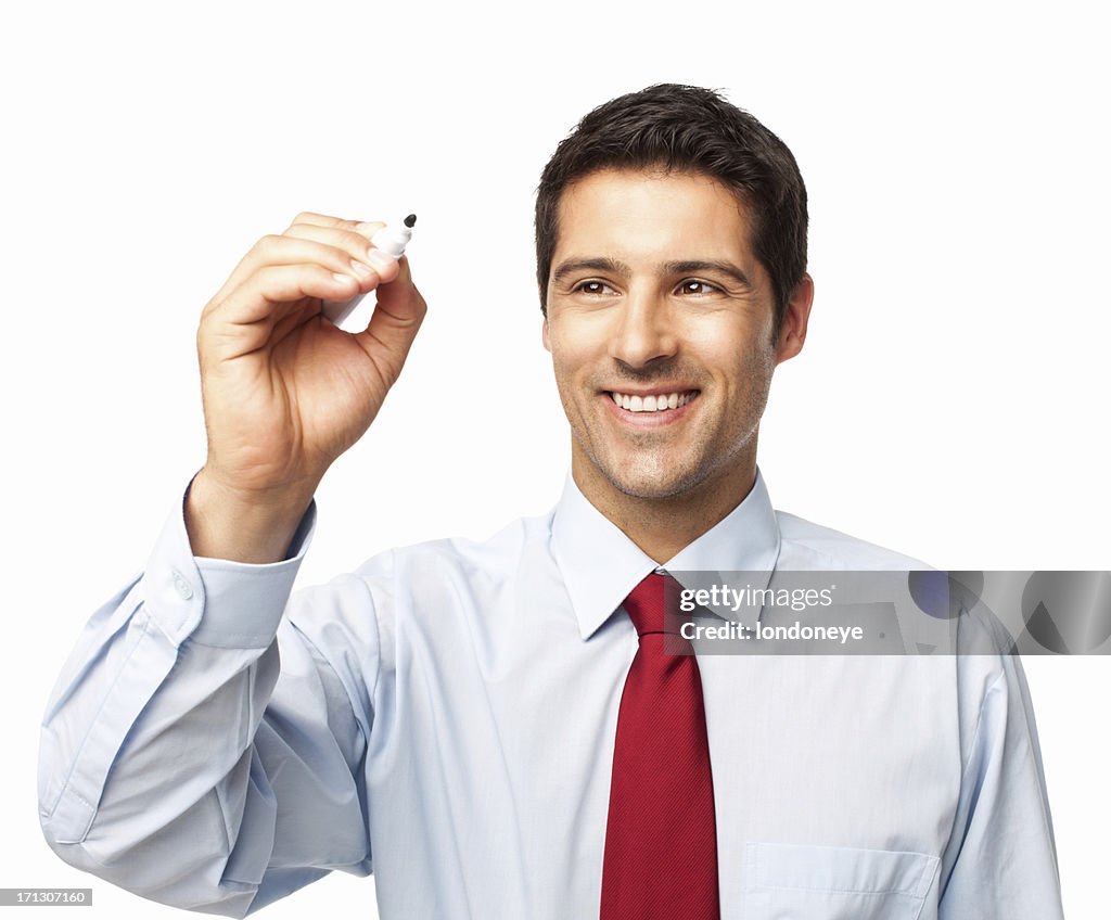 Businessman Writing On Transparent Wipe Board - Isolated