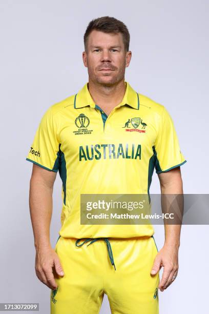 David Warner of Australia poses for a portrait ahead of the ICC Men's Cricket World Cup India 2023 on October 02, 2023 in Hyderabad, India.