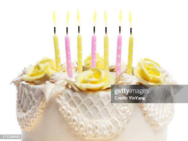 happy birthday cake with candles on white background - 7th birthday stock pictures, royalty-free photos & images