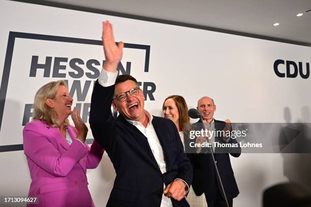 Boris Rhein, lead candidate of the German Christian Democrats , gestures as he speaks to supporters at the CDU election party following initial...