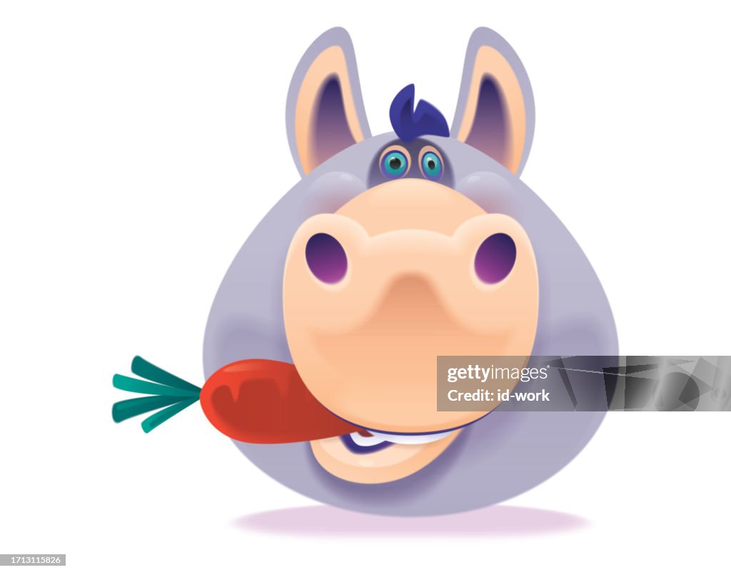 Funny donkey holding carrot icon