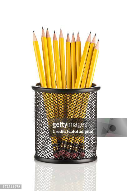 yellow pencils in mesh pencil holder - pencil stock pictures, royalty-free photos & images