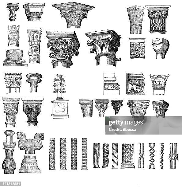 ilustraciones, imágenes clip art, dibujos animados e iconos de stock de anticuario calcografías columnas y capitales collection - corintio estilo clásico griego