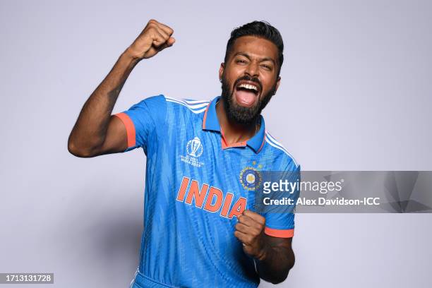Hardik Pandya of India poses for a portrait ahead of the ICC Men's Cricket World Cup India 2023 on October 02, 2023 in Thiruvananthapuram, India.