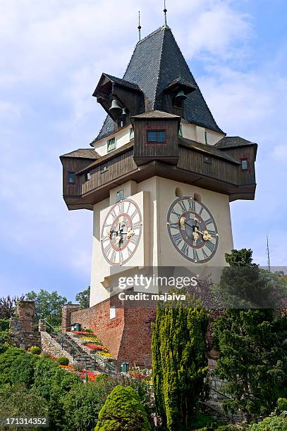 graz uhrturm - turmuhr stock-fotos und bilder