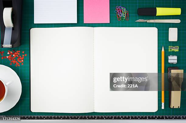 open notebook/scrapbook and paraphernilia - staple stock pictures, royalty-free photos & images