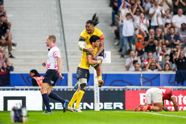 Marius SIMONESCU of Romania celebrate his try with teammates during the 2023 Rugby World Cup Pool B match between Tonga and Romania at Stade...