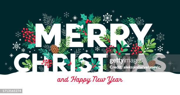 illustrazioni stock, clip art, cartoni animati e icone di tendenza di auguri di buon natale tipografici con rami di vischio, pigne, foglie di agrifoglio, bacche e fiocchi di neve - christmas holly