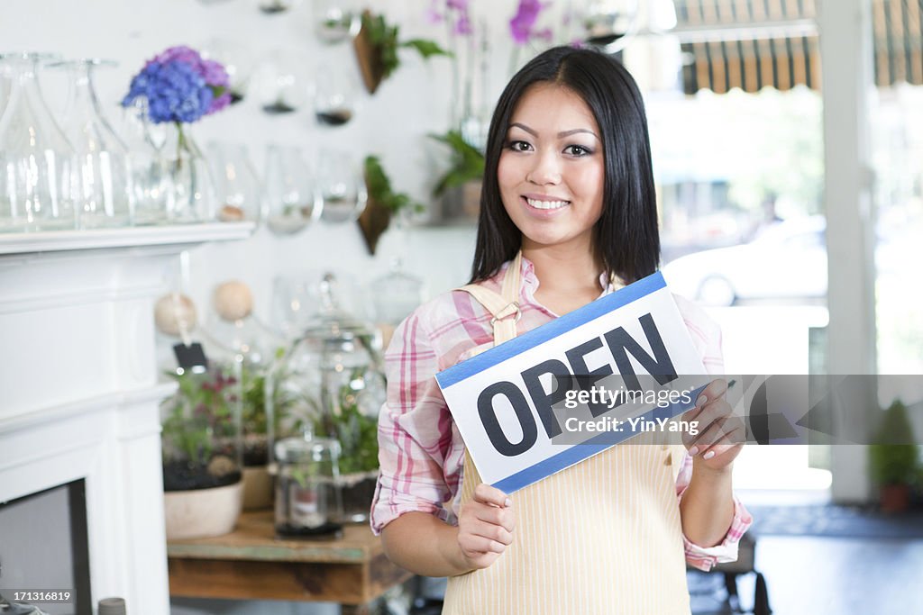 Florist Flower Shop Entrepreneur Holding Open Sign in Retail Store