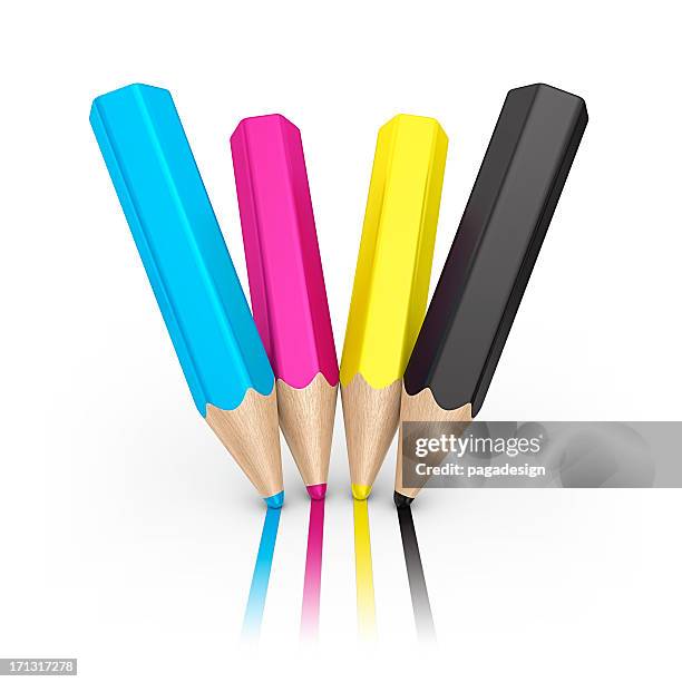 cmyk pencils - 3d render pencils stockfoto's en -beelden