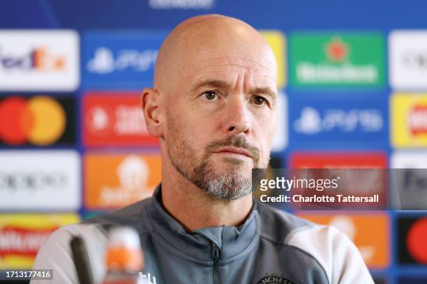 Erik ten Hag, Manager of Manchester United, speaks to the media during the UEFA Champions League Press Conference at Carrington Training Ground on...