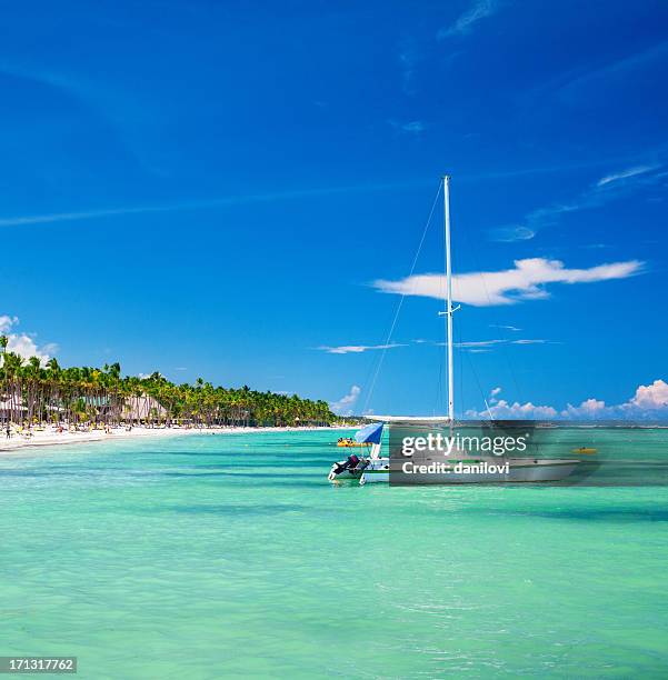 sailboat and caribbean beach - dominican republic stock pictures, royalty-free photos & images