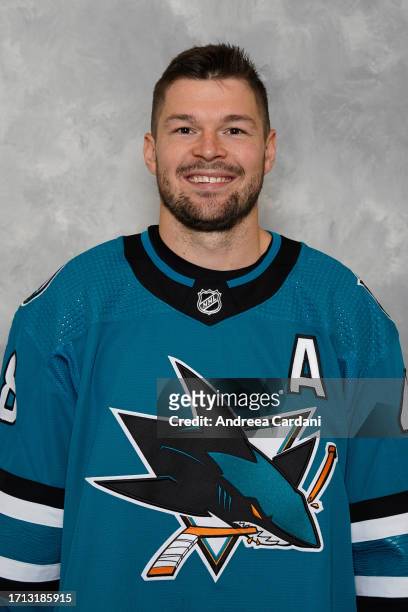 Tomas Hertz of the San Jose Sharks poses for his official headshot for the 2023-2024 season at Tech CU Arena on September 20, 2023 in San Jose,...