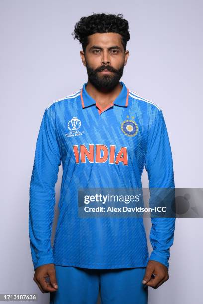 Ravindra Jadeja of India poses for a portrait ahead of the ICC Men's Cricket World Cup India 2023 on October 02, 2023 in Thiruvananthapuram, India.