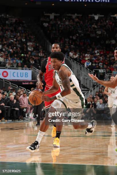 MarJon Beauchamp of the Milwaukee Bucks drives to the basket during the preseason game on October 8, 2023 at the Fiserv Forum Center in Milwaukee,...