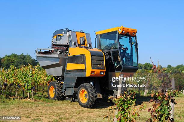modern agriculture - xlarge - grape harvester machine stock pictures, royalty-free photos & images