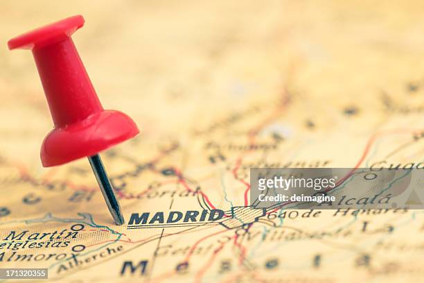 thumbtack on madrid city - madrid map stock pictures, royalty-free photos & images