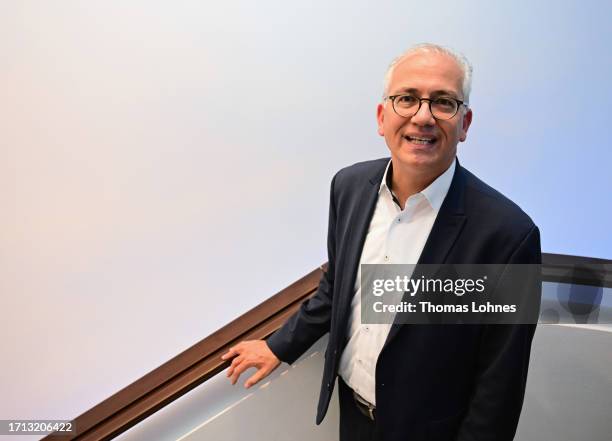 Tarek Al-Wazir co-lead candidate of the Greens Party seen ahead of a TV-talk at the State Parliament of Hessen on October 8, 2023 in Wiesbaden,...