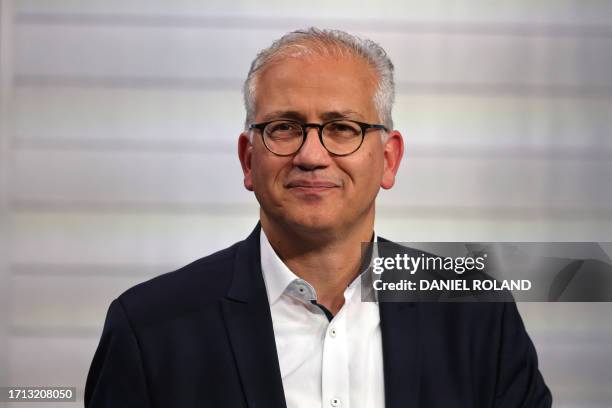 Top candidate of the Greens Tarek Al-Wazir attends a TV-talk at the State Parliament of Hessen in Wiesbaden, western Germany, as first exit polls...