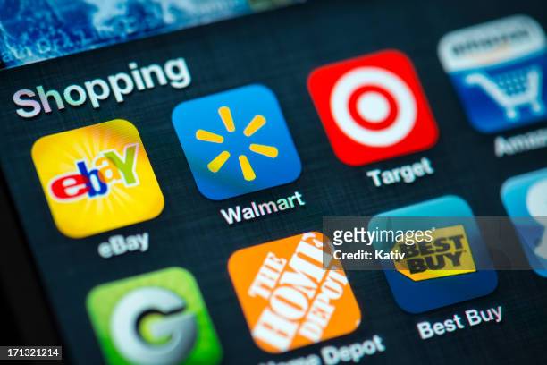 shopping apps on apple iphone 4s screen - ebay shopping stock pictures, royalty-free photos & images