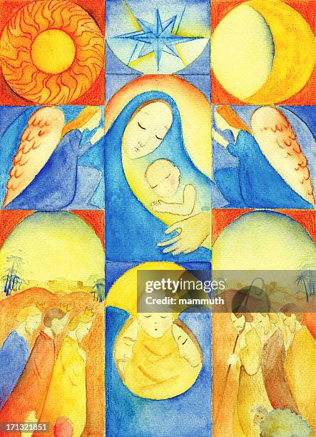 ilustraciones, imágenes clip art, dibujos animados e iconos de stock de christmas nativity collage - nativity scene painting