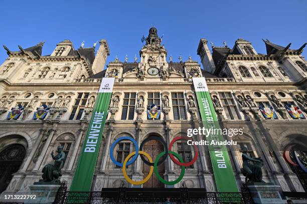 The Olympic Rings display in front of the Paris City Hall in Paris, France on October 08, 2023.