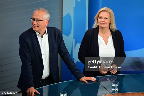 Tarek Al-Wazir co-lead candidate of the Greens Party and Nancy Faeser, lead candidate of the German Social Democrats during a TV-talk at the State...