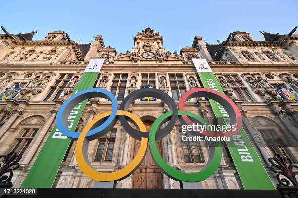 The Olympic Rings display in front of the Paris City Hall in Paris, France on October 08, 2023.