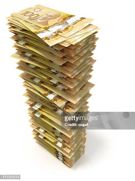 tower of crisp canadian hundred dollar bills on white - canada money stock pictures, royalty-free photos & images