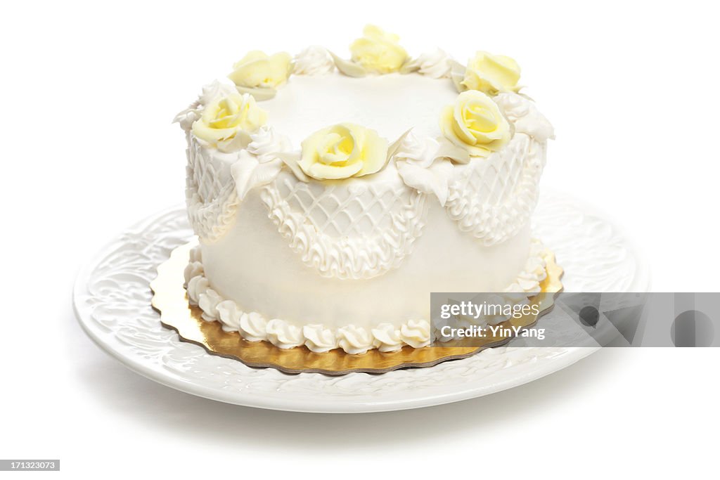 Classic Cake with White Icing and Yellow Rose Decoration Hz