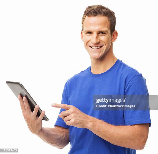 young man using digital tablet - isolated - blue tee stock pictures, royalty-free photos & images