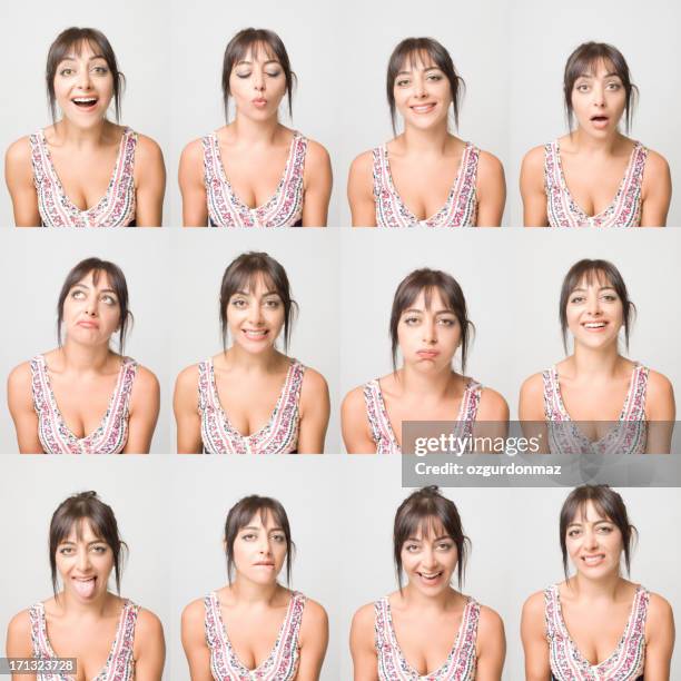 real young woman making facial expressions - funny facial expression stock pictures, royalty-free photos & images