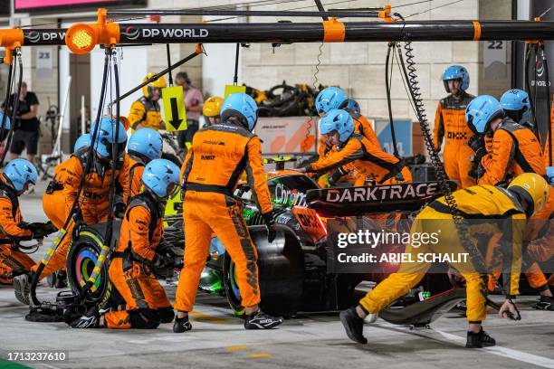 McLaren's British driver Lando Norris pits during the Qatari Formula One Grand Prix at Lusail International Circuit on October 8, 2023.