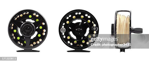 fly reel - different angles - fishing reel stock pictures, royalty-free photos & images