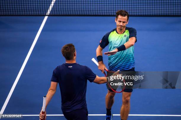 Wesley Koolhof of Netherlands and Neal Skupski of Great Britain react in the Men's Doubles Quarter-final match against Hugo Nys of Monaco and Jan...