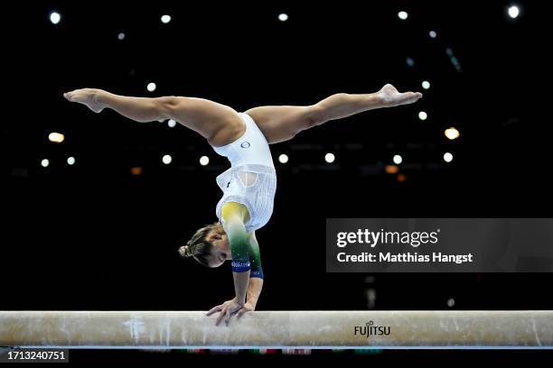 Flavia Saraiva of Team Brazil competes on the Balance Beam during the Women's Qualifications on Day Three of the 2023 Artistic Gymnastics World...