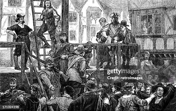 bildbanksillustrationer, clip art samt tecknat material och ikoner med tomkins and challoner, led to gallows, holborn, london, 1643 (illustration) - avrättningsutrustning