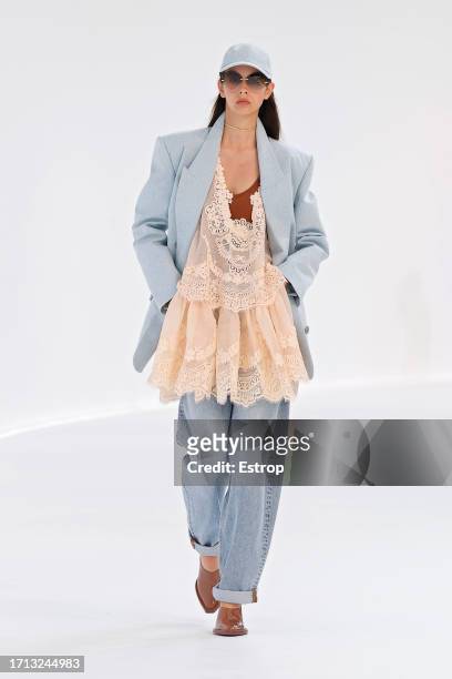Model walks the runway during the Zimmermann Womenswear Spring/Summer 2024 show as part of Paris Fashion Week on October 2, 2023 in Paris, France.