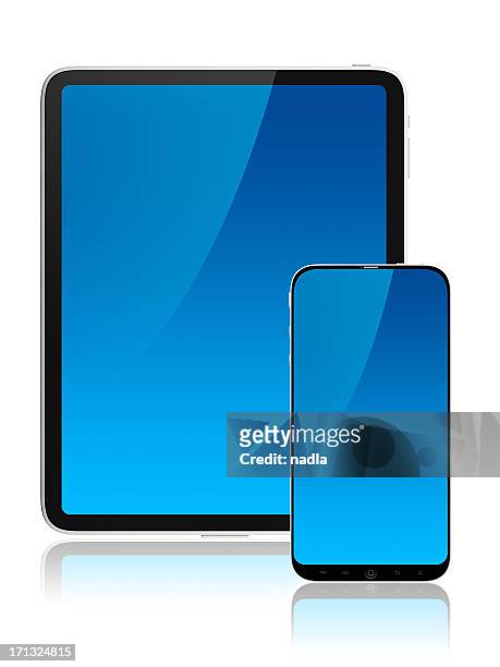 frontal screens of tablet and mobile - cyborg stock pictures, royalty-free photos & images