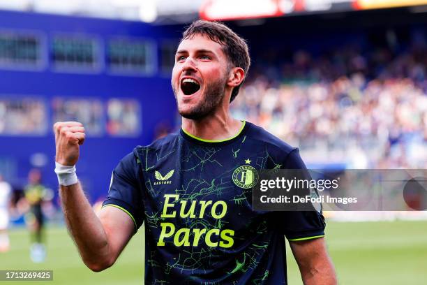 Santiago Gimenez of Feyenoord Rotterdam scores the 0-2 celebrating his goal during the Dutch Eredivisie match between PEC Zwolle and Feyenoord at...