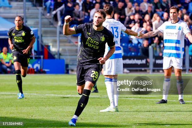 Santiago Gimenez of Feyenoord Rotterdam scores the 0-2 celebrating his goal during the Dutch Eredivisie match between PEC Zwolle and Feyenoord at...