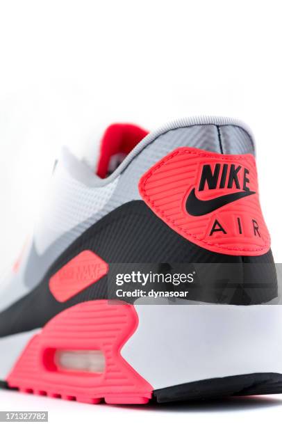 close up of nike air logo on trainer - nike trainer stock pictures, royalty-free photos & images