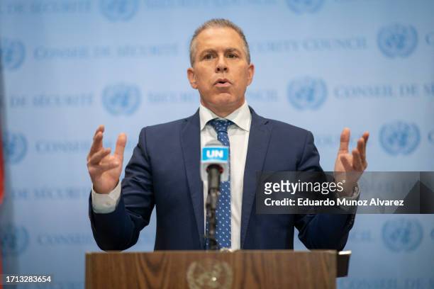 Israel's Ambassador to the U.N. Gilad Erdan speaks to reporters during a stakeout before the United Nations Security Council on October 8, 2023 in...