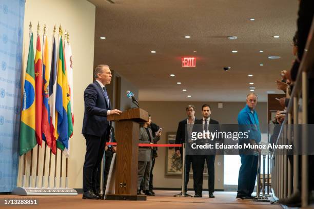 Israel's Ambassador to the U.N. Gilad Erdan speaks to reporters during a stakeout before the United Nations Security Council on October 8, 2023 in...