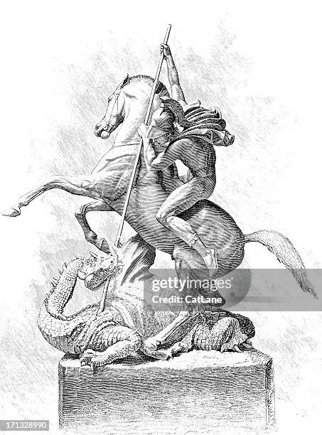 st. george und der drache-viktorianischen illustrationen - schwarzweiß bild berlin stock-grafiken, -clipart, -cartoons und -symbole